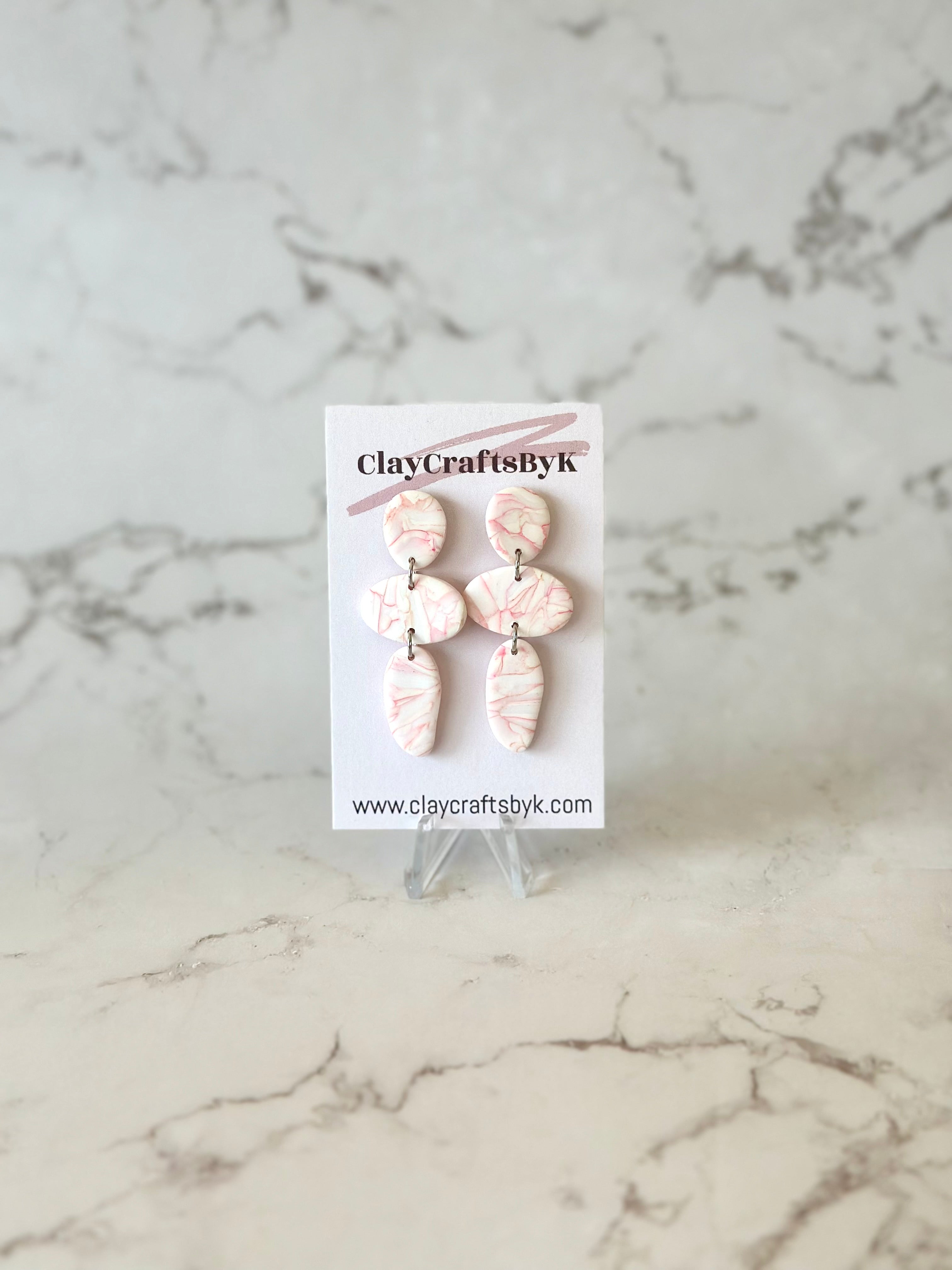 White with pink marble earrings Patterned collection – claycraftsbyk